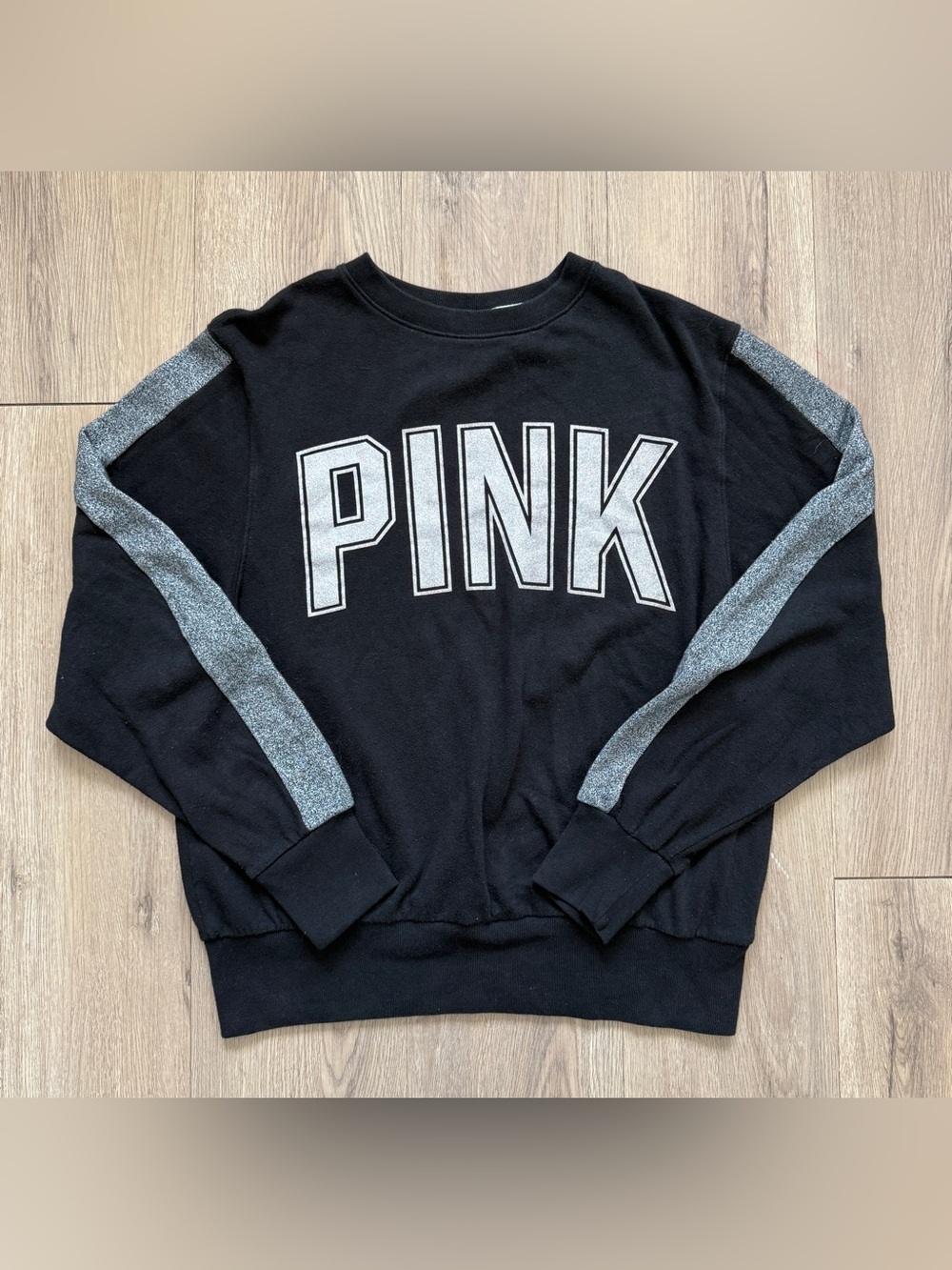 Victorias Secret PINK Black Campus Crew Sweatshirt Sparkle Glitter Logo Small